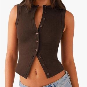 Brown Sleeveless Button-Up Top
